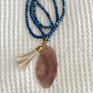 Pink Agate Pendant with Blue Stone Beads and Tassel Accent Long